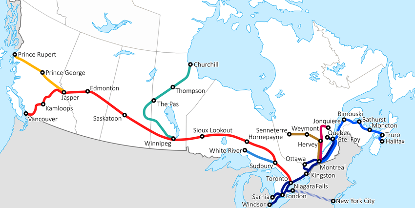 A map of Via Rail's routes going across Canada.