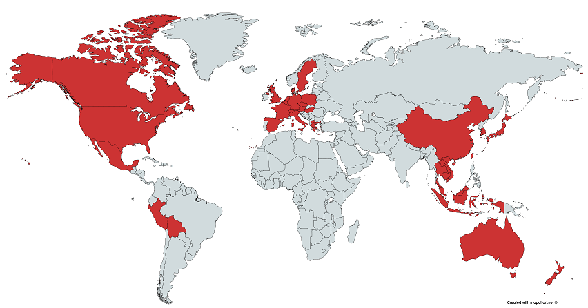 A world map of the countries I've travelled to.